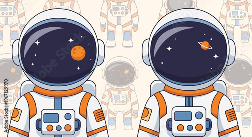 Two astronauts wearing orange and white space suits stand side by side in a neutral environment with multiple space suits visible in background