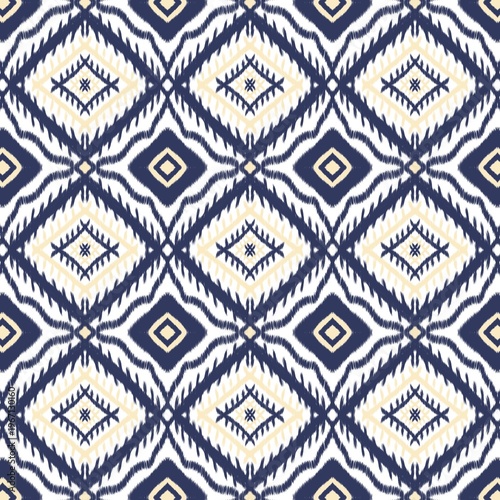Seamless Ikat Ethnic Pattern with Navy Blue and Cream Geometric Tribal Diamond Design