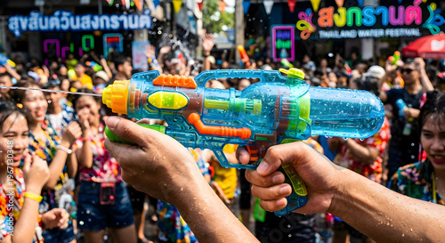 Water Gun Fight at Songkran Festival Celebration in Thailand Market