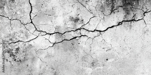 A weathered gray concrete wall features a rough, cracked texture with aged plaster and a dirty grunge surface, creating a vintage broken stone backdrop for architectural design