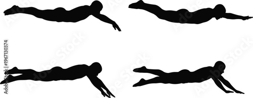 Black silhouettes set of a man swimming, diving, and gliding through water in various active poses isolated on white background, commas