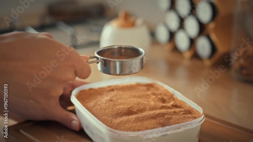 In cozy home kitchen, housewife prepares decadent homemade tiramisu cake. She sprinkles it generously grated cocoa powder finishes decorating dessert with love, revealing perfect Italian sweet treat