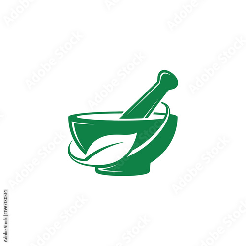 Green Mortar and Pestle with Leaf Logo Design.