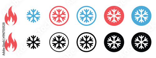 Tableau sur toile Diverse temperature and weather icons, flame and snowflake symbols in red, blue,