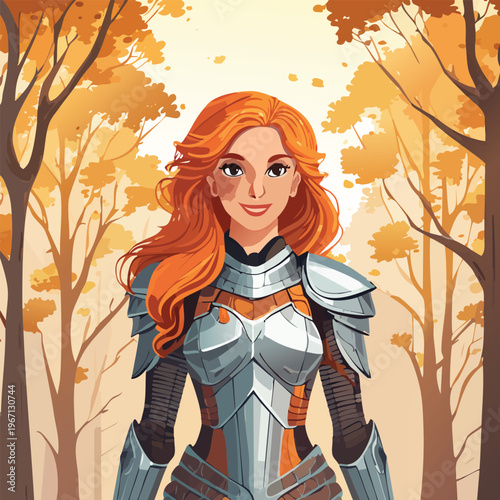 Woman warrior illustration with red hair armor and forest background