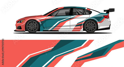Sleek orange race car with teal and white racing livery and bold abstract stripe design.