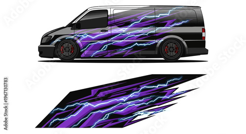 Graphic wrap design for black van with purple and blue neon flame decals and matching vinyl sticker graphics.