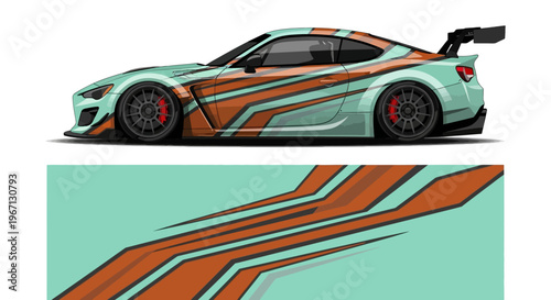 Side view of a teal race car with orange racing stripes and spoiler.