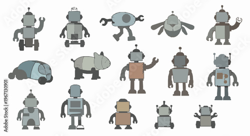 Hand drawn robot toy set with cute doodle style humanoid wheeled and flying robots vector illustration