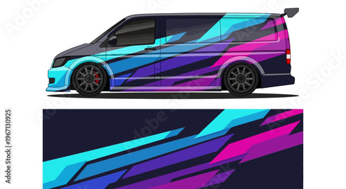 Colorful wrapped van design with bold blue, magenta, and purple stripes across the side panel.