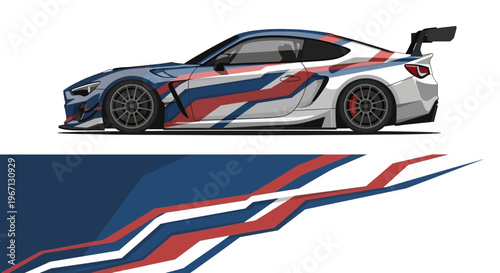 Sleek racecar with blue red white livery in a dynamic high-speed design.