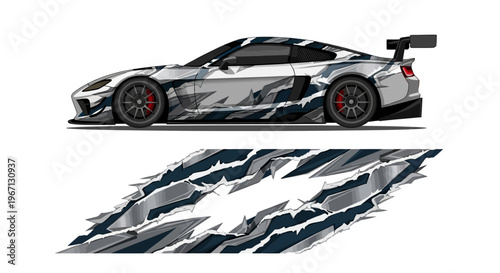 Sleek Gray Sport Car with Dynamic Camouflage Wrap and Alloy Wheels.