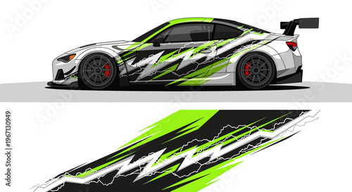 Sleek Neon Green Graphical Wrapped Sport Car on Track.