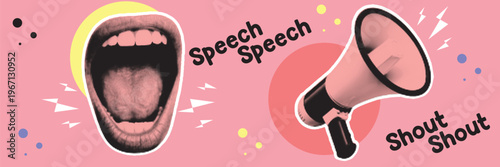 Halftone pop art dot open mouth tongue megaphone speech shout voice communication announcement concept vector illustration