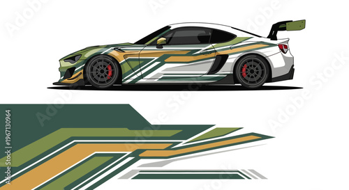 Sleek Green and Gold Racecar with Dynamic Livery and Graphic Detailing.