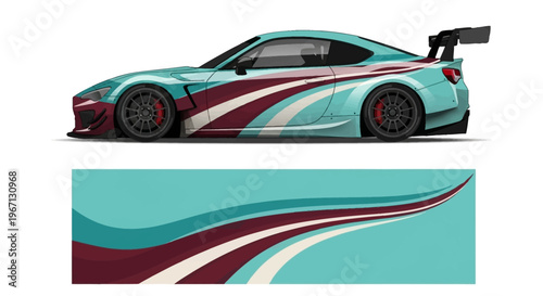High speed turquoise race car with maroon graphic decal and livery on stylized wrap.