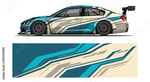 High speed race car with blue beige graphic livery and rear wing on track.