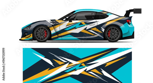 Vibrant abstract race car with blue, yellow and black graphics showcasing dynamic design.