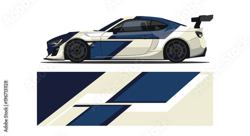 Side profile of a white race car with blue racing stripes and wing spoiler.