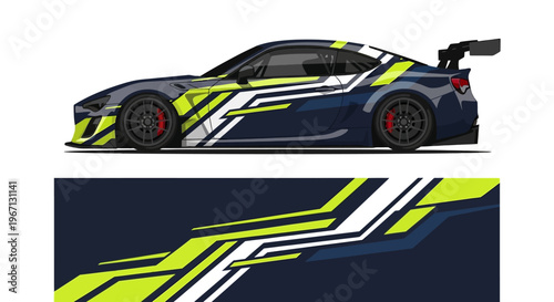 Side view of a race car with neon blue and lime livery featuring bold stripes.