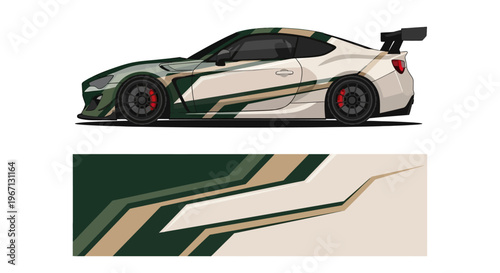 Side view of a sleek sports car with bold geometric vinyl wrap design.