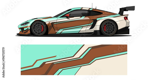 Brown and teal race car with aerodynamic body and large rear wing.