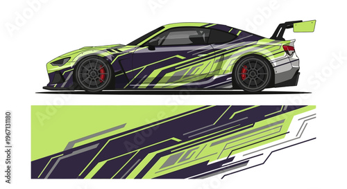 Vibrant Neon Green Sports Car Illustration with Bold Stripes and Futuristic Design.
