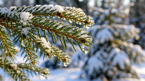 Snowy pine tree branches in winter.