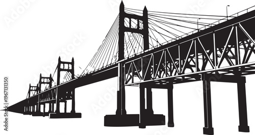 Black and white of a long suspension bridge metal cables