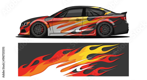 Side View Racing Car with Fiery Flame Graphics and Banner Pattern Artwork.