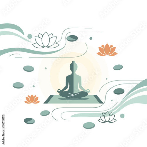 Zen Meditation: Silhouette in Lotus Pose with Water Lilies and Stones