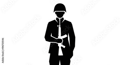 A black silhouette of a soldier holding a gun and wearing a helmet on a white background