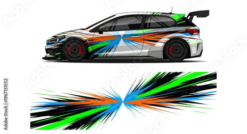Colorful race car with dynamic light trails and abstract streaks in motion.