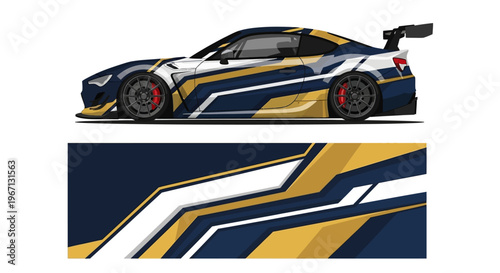 Side profile of a blue and yellow race car with graphic livery and aerodynamic silhouette.