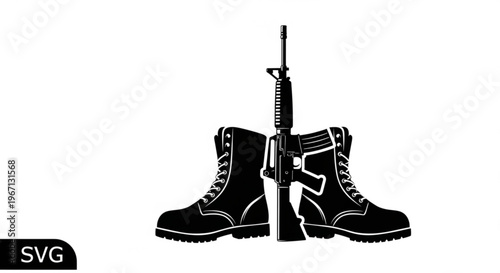 A minimalist vector graphic illustration of combat boots and an assault rifle in a flat design style
