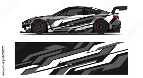 Sleek racecar with bold angular decals and aerodynamic design on white background.