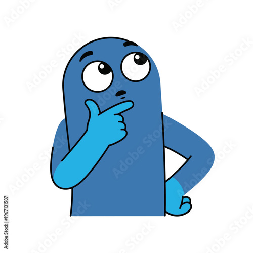 Blue character thinking, hand on chin, looking up, confused expression, isolated on white background