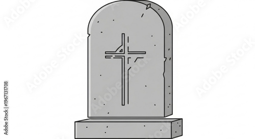 A minimalist vector graphic illustration of a gray tombstone with a cross on a white background