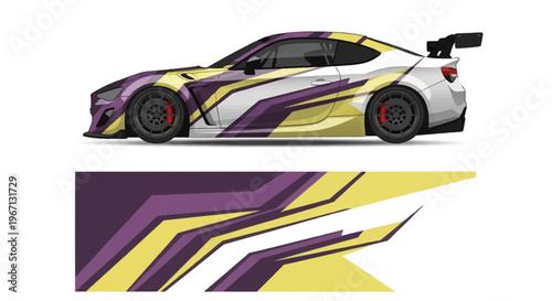 Sleek purple and yellow race car with bold graphics and aerodynamic design on a track.