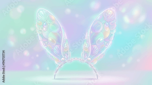 Iridescent Bunny Ear Headband with Ethereal Shimmering Petal Accents Capturing Whimsical Spring Festivity and Dreamlike Fantasy Elements for Festive Celebrations and Enchanting Designs