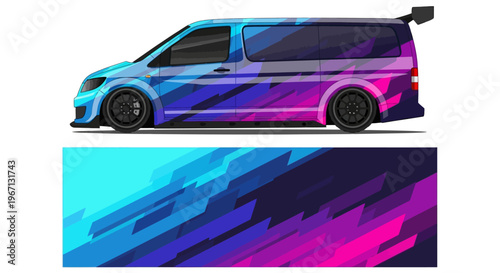 Vibrant colored van wrap with geometric graffiti-style artwork and gradient banner.