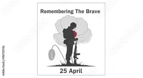 A vector graphic illustration of a soldier remembering the brave on ANZAC Day with a poppy and rifle