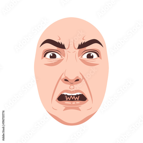 Close-up of a bald man's angry face with furrowed brows and open mouth