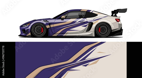High-contrast white sports car featuring purple-gold abstract wrap and sleek aerodynamic graphics.