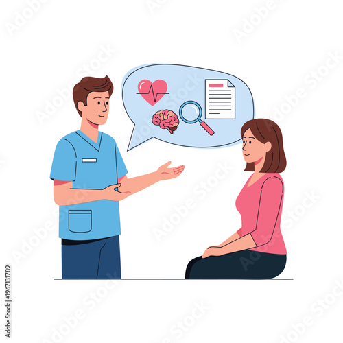 Doctor consulting patient about health and brain scan with heart symbol in speech bubble