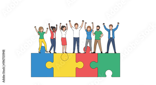 Diverse people standing on colorful puzzle pieces, teamwork and unity concept