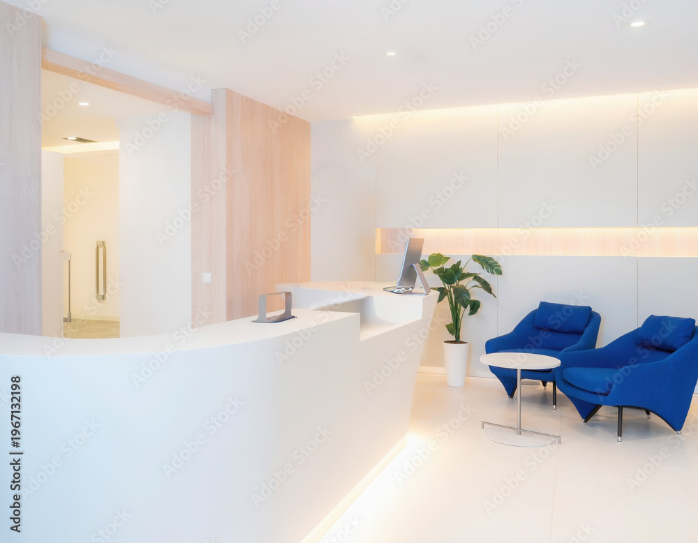 Fototapeta premium Reception area decor: A modern reception area. The space features a sleek white reception desk, complemented by comfortable blue chairs and a small table.