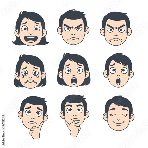Diverse Emotions Cartoon Faces: Joy, Anger, Sadness, Surprise, Thoughtful, Contentment