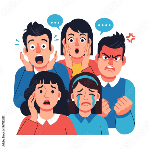 Diverse group of people expressing shock, anger, and sadness, communication bubbles