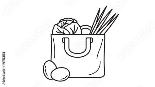 Grocery bag filled with cabbage, onions, and leeks, with eggs in front, hand drawn illustration. featuring onion, leek, food with groceries and fresh